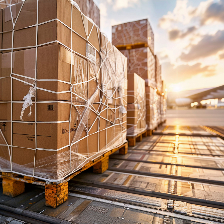 Stacked air freight pallets and ULDs on the build-up dock awaiting security screening and loading