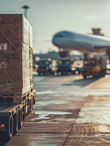Variety of boxed and crated shipments staged for air export, illustrating express, consolidation, and charter-ready cargo from Turkey